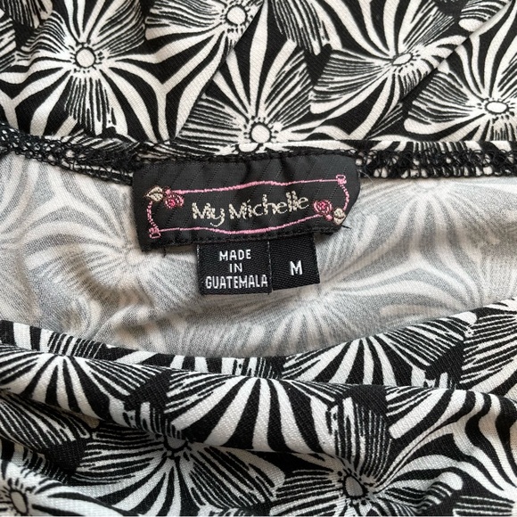 My Michelle Fit and Flair Midi Dress Size M Black with White Print Waist Sash - Picture 8 of 12